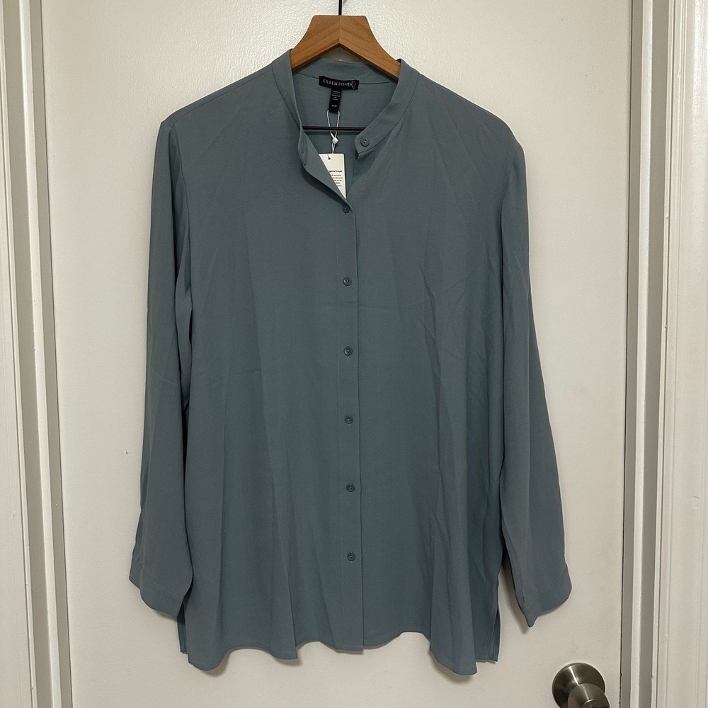Eileen Fisher | NWT Silk Blue Gray Georgette Crepe Mandarin Collar Boxy Shirt, M